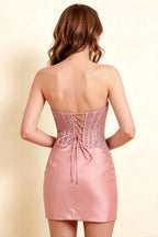 Clara Pink Satin Dress Back Close-Up - Lace-Up Corset Detail & Satin Finish for Prom, Bridesmaid Party