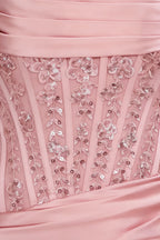 Clara Pink Satin Dress Fabric Detail - Sequin Embroidered Floral Lace on Corset Bodice for Luxury Party Wear