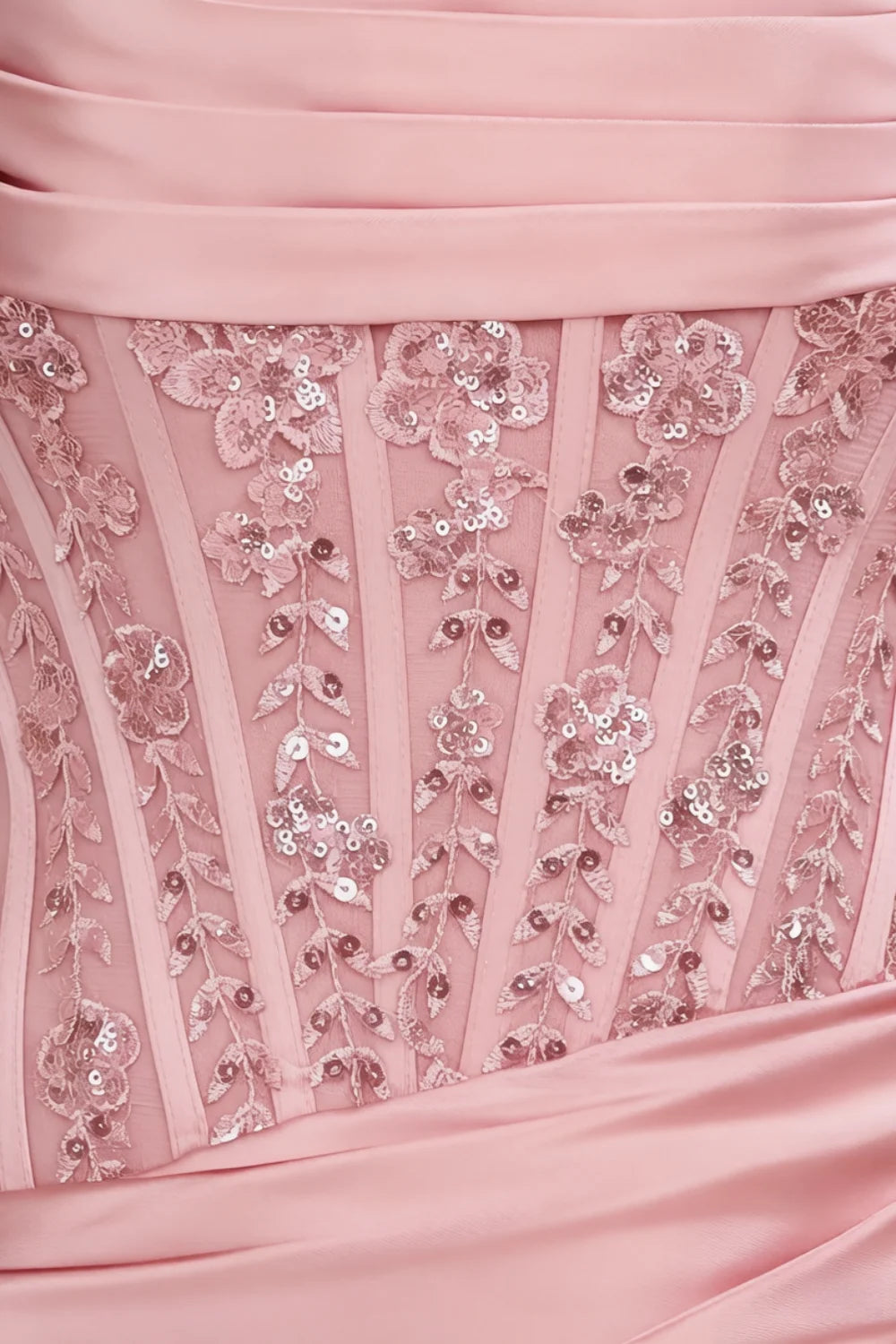 Clara Pink Satin Dress Fabric Detail - Sequin Embroidered Floral Lace on Corset Bodice for Luxury Party Wear