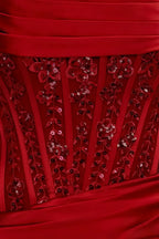 Close Up of Clara Red Satin Dress Beaded Floral Embroidery Detail