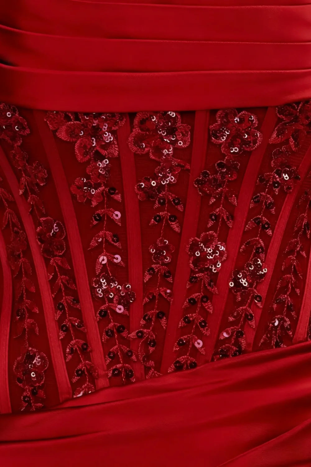 Close Up of Clara Red Satin Dress Beaded Floral Embroidery Detail