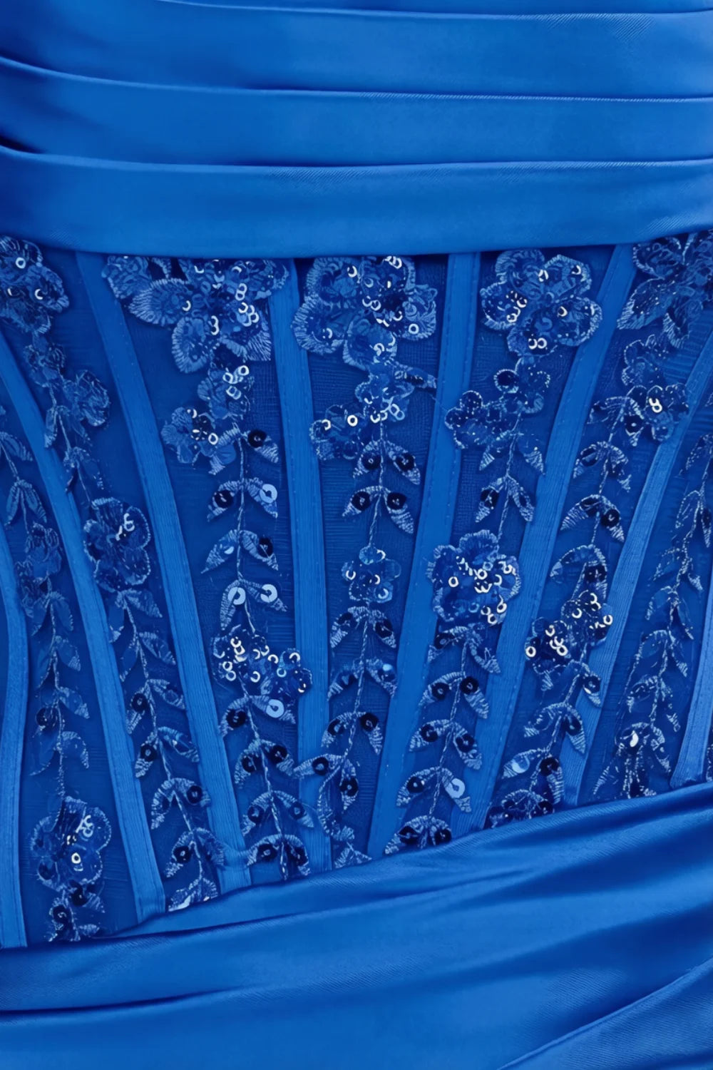Fabric detail of royal blue Clara satin bodycon corset strapless mini dress, sequin & lace embellished