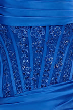 Fabric detail of royal blue Clara satin bodycon corset strapless mini dress, sequin & lace embellished