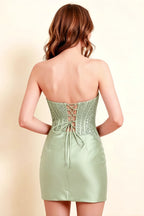 Sexy open back Clara sage green satin dress with criss cross lace up corset back design