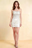 Clara white satin bodycon corset strapless pleated mini dress for homecoming, semi - formal event, featuring lace appliqué, structured bodice, and satin skirt