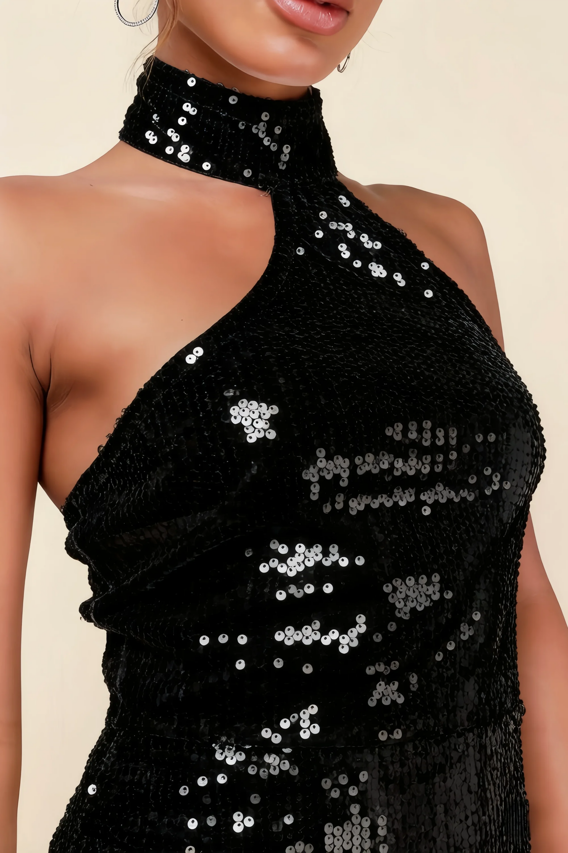 Clarissa Black Sequin Halter Neck Backless Mini Dress