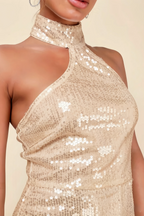 Clarissa Champagne Sequin Halter Neck Backless Mini Dress