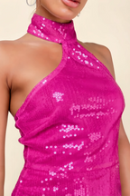 Clarissa Fuchsia Sequin Bodycon Halter Neck Mini Dress