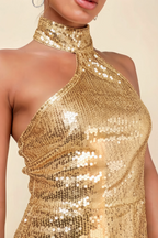 Clarissa Gold Sequin Bodycon Halter Neck Mini Dress