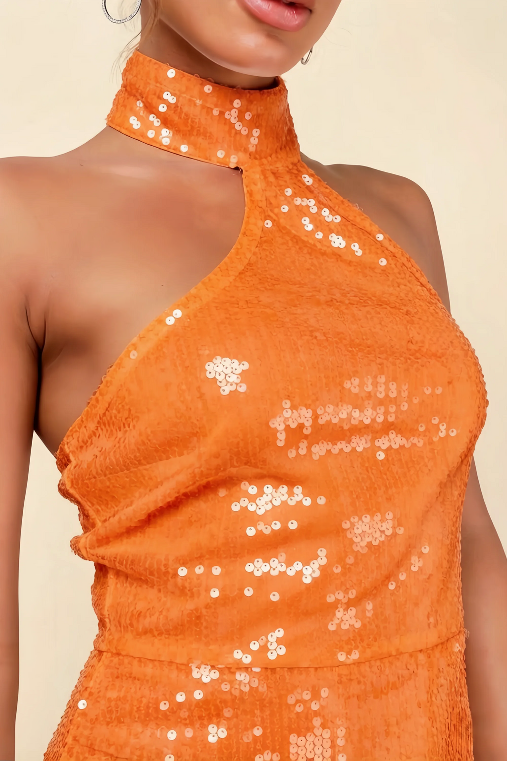 Clarissa Orange Sequin Fit Halter Mini Dress