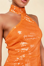 Clarissa Orange Sequin Fit Halter Mini Dress