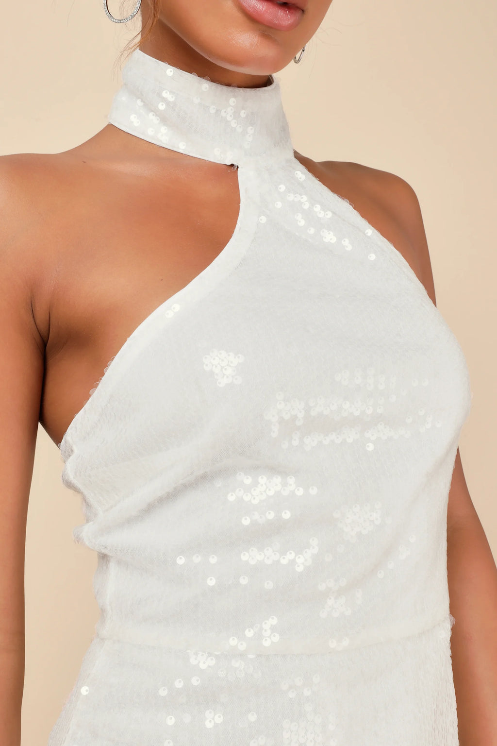 Clarissa White Sequin Bodycon Halter Mini Dress | Elegant Party & Graduation Dress