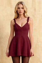 Claudia Burgundy Plunge-Neck Skater Mini Dress with 3D Flowers
