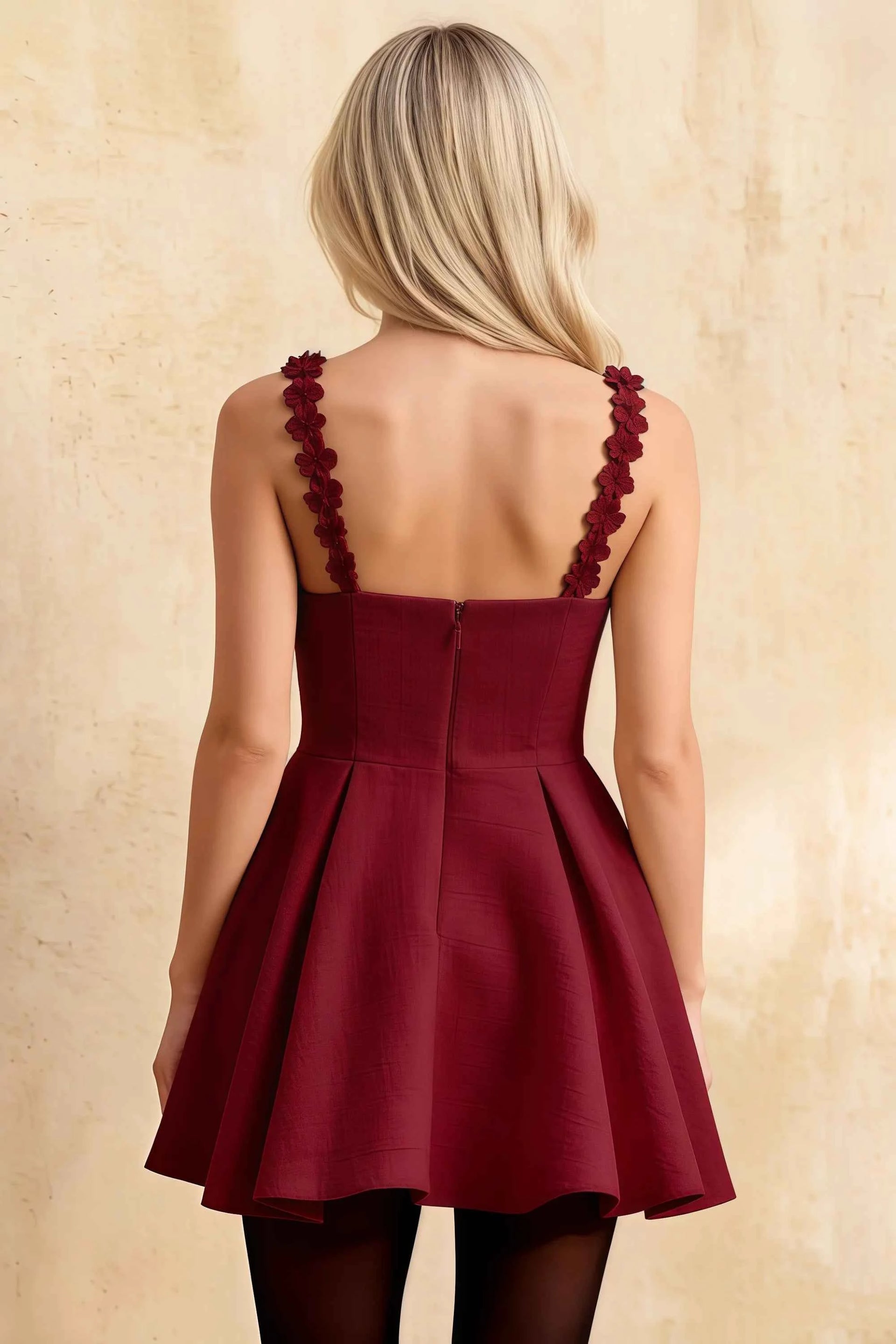 Claudia Burgundy Plunge-Neck Skater Mini Dress with 3D Flowers