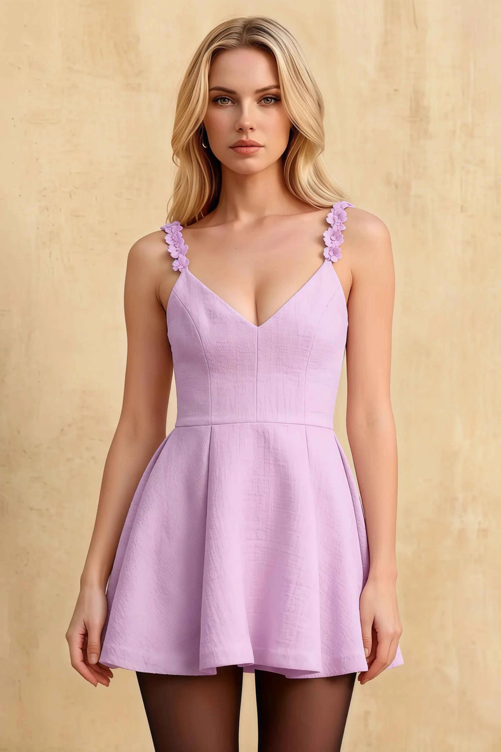 Claudia Lilac V-Neck Backless 3D Flower Mini Dress