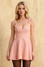 Claudia Pink A-Line Plunge-Neck 3D Flower Mini Dress