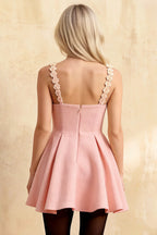 Claudia Pink A-Line Plunge-Neck 3D Flower Mini Dress