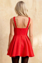 Claudia Red Plunge-Neck Skater 3D Flower Mini Dress
