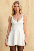 Claudia White Plunge-Neck Skater Mini Dress with Flower