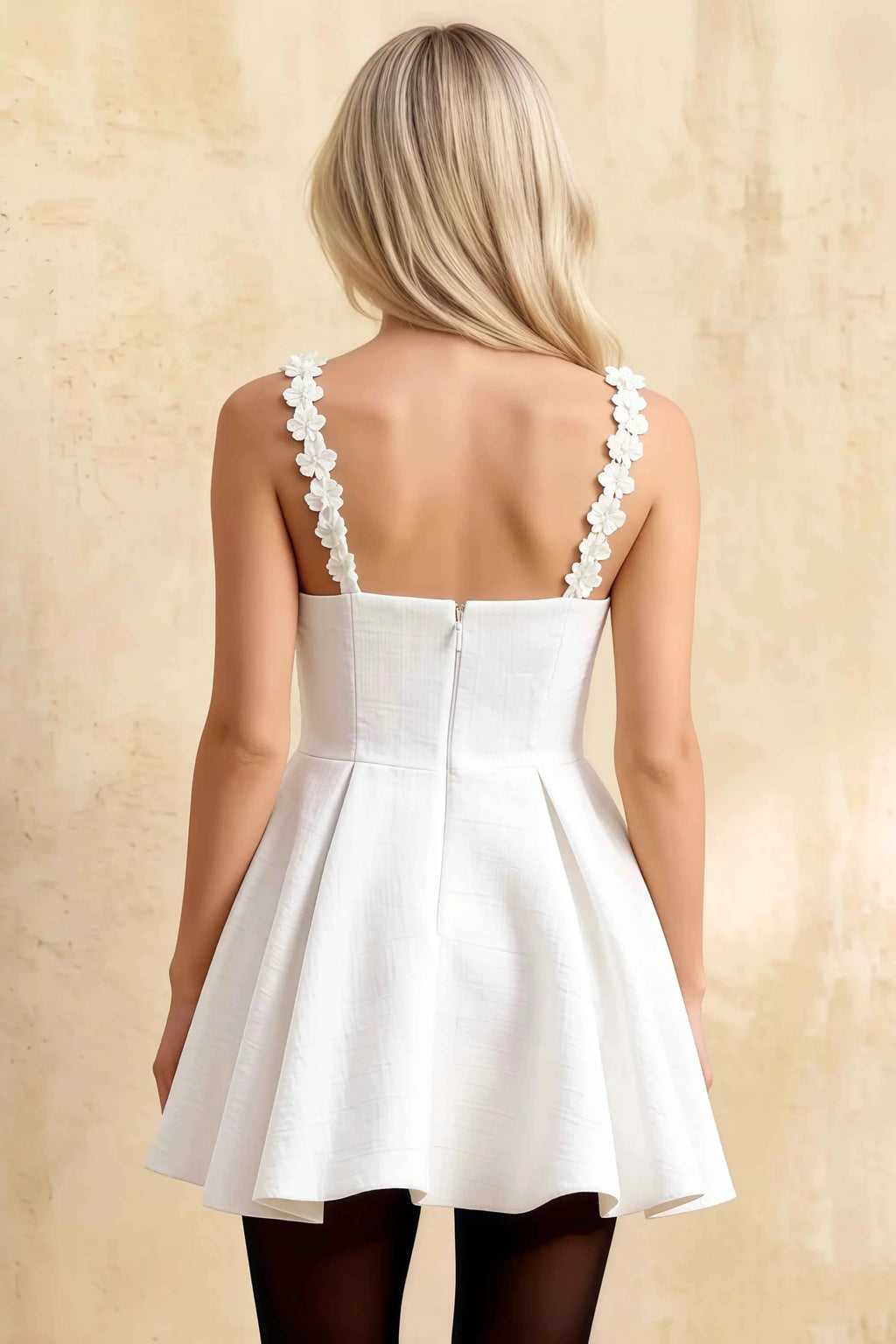 Claudia White Plunge-Neck Skater Mini Dress with Flower