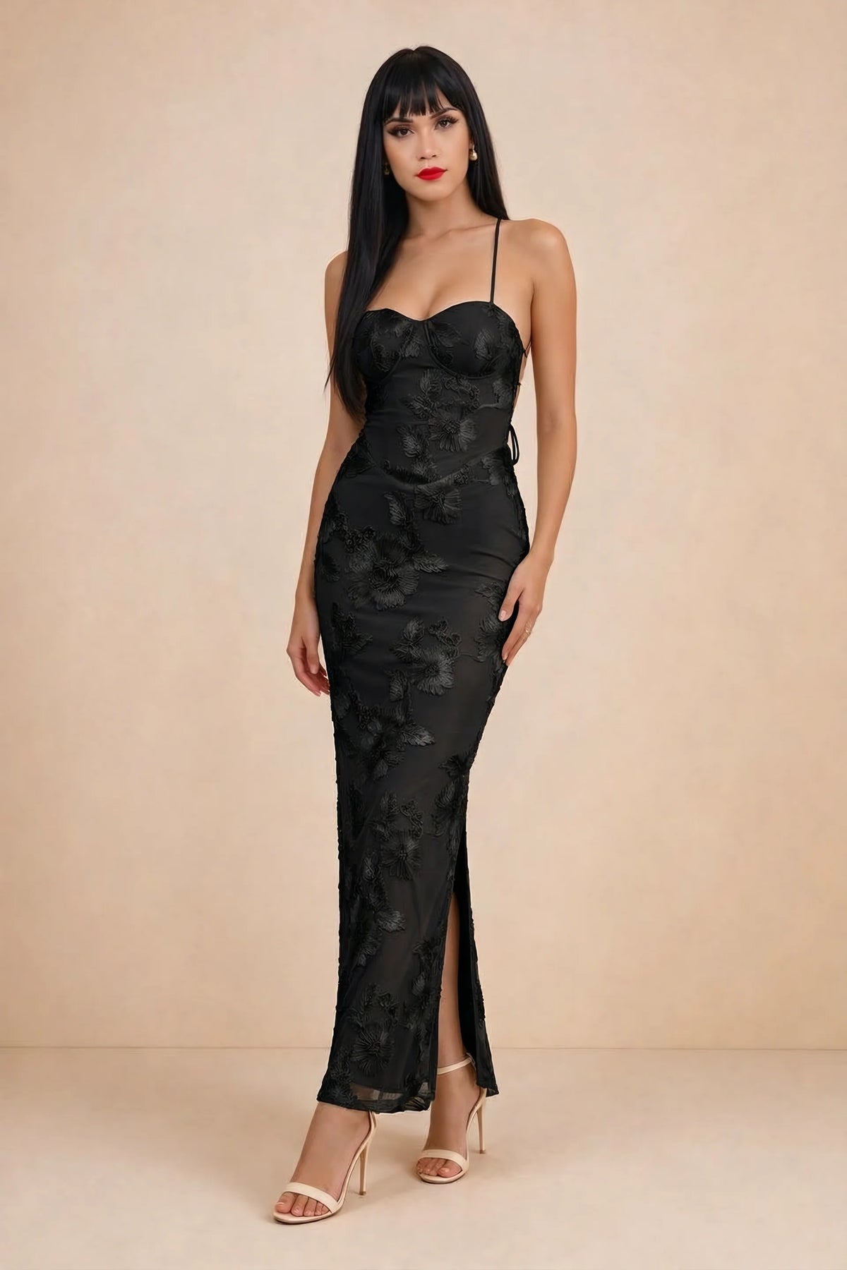 Clementine Black 3D Floral Sweetheart Maxi Dress