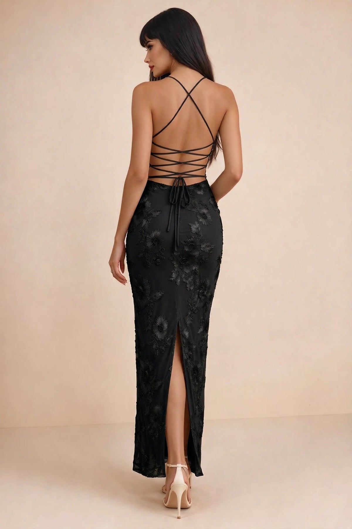 Clementine Black 3D Floral Sweetheart Maxi Dress