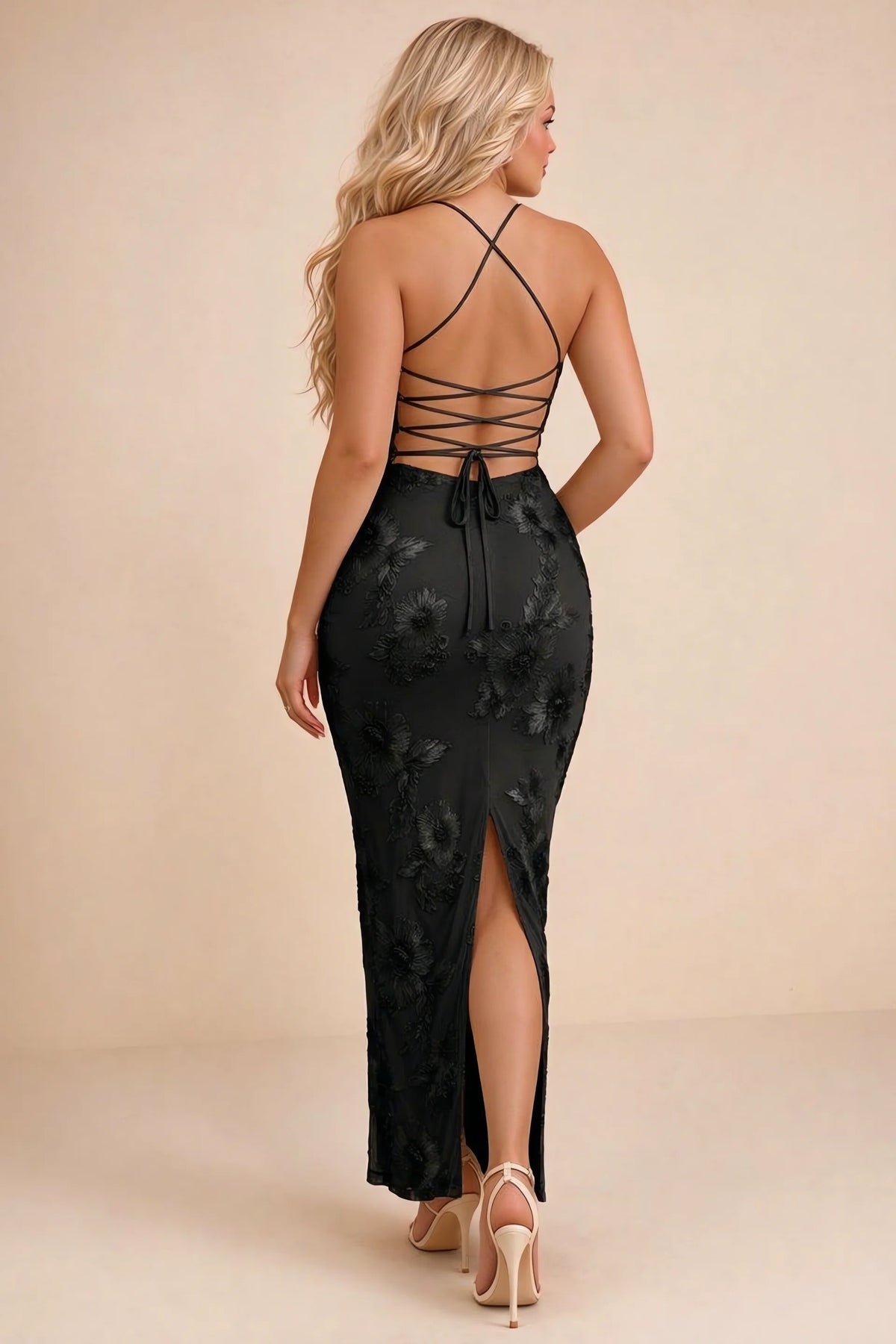 Clementine Black 3D Floral Sweetheart Maxi Dress