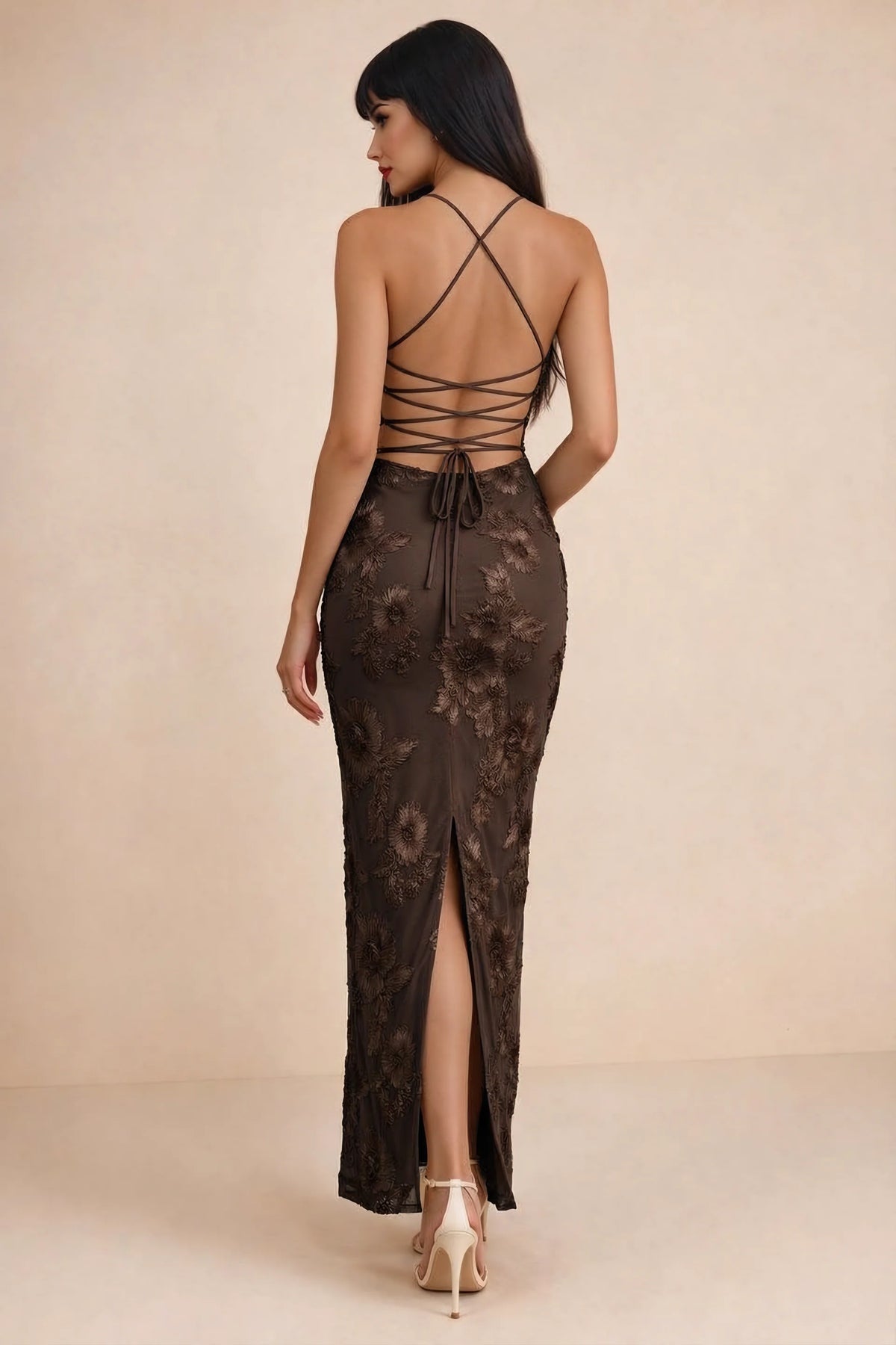 Clementine Chocolate Brown 3D Floral Sweetheart Maxi Dress