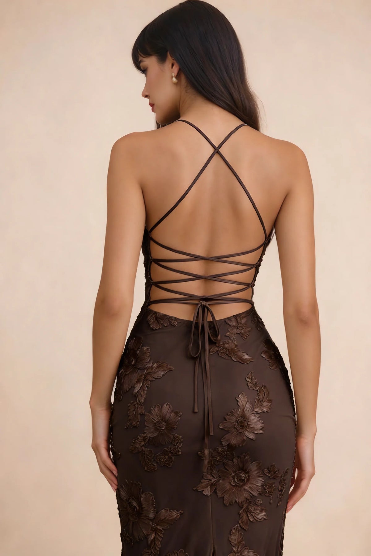 Clementine Chocolate Brown 3D Floral Sweetheart Maxi Dress