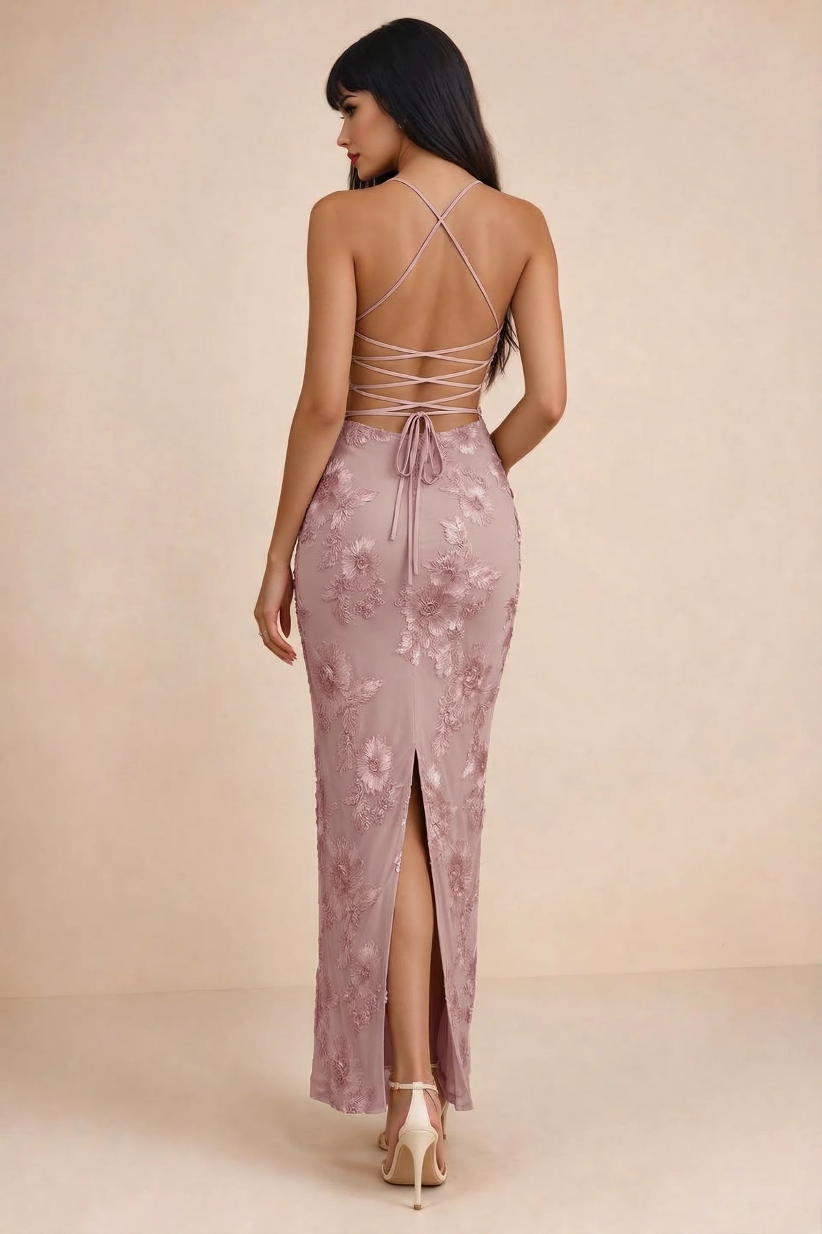 Clementine Dusty Lilac 3D Floral Sweetheart Maxi Dress