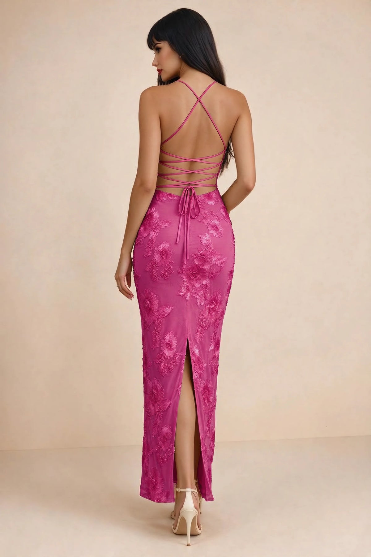 Clementine Fuchsia 3D Floral Sweetheart Maxi Dress