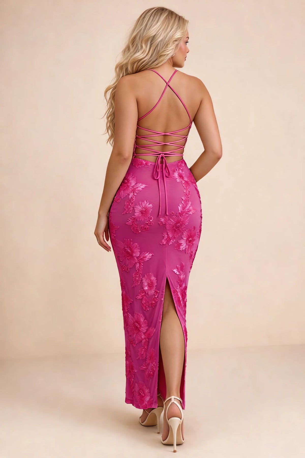 Clementine Fuchsia 3D Floral Sweetheart Maxi Dress