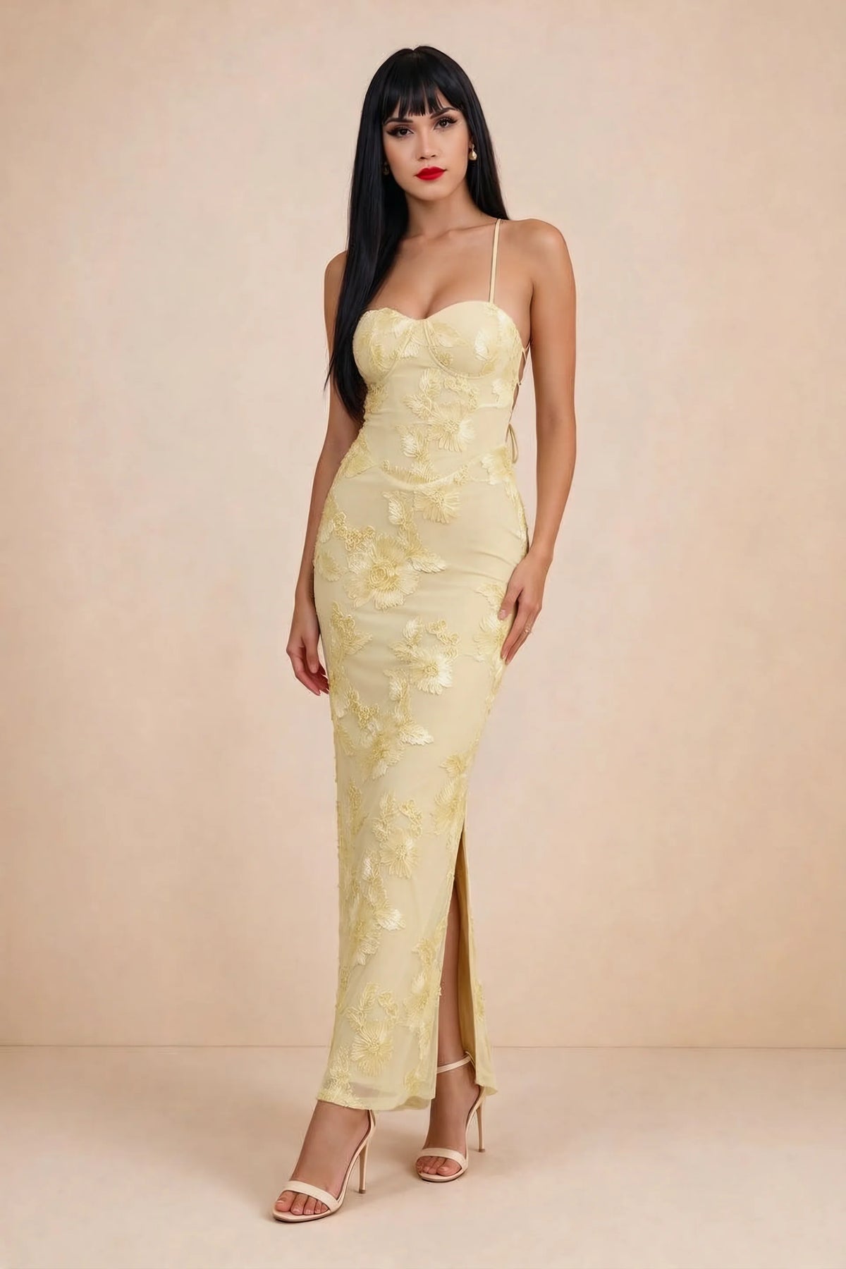 Clementine Lemon 3D Floral Sweetheart Maxi Dress