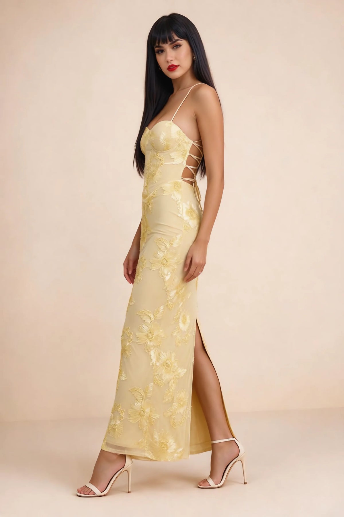 Clementine Lemon 3D Floral Sweetheart Maxi Dress