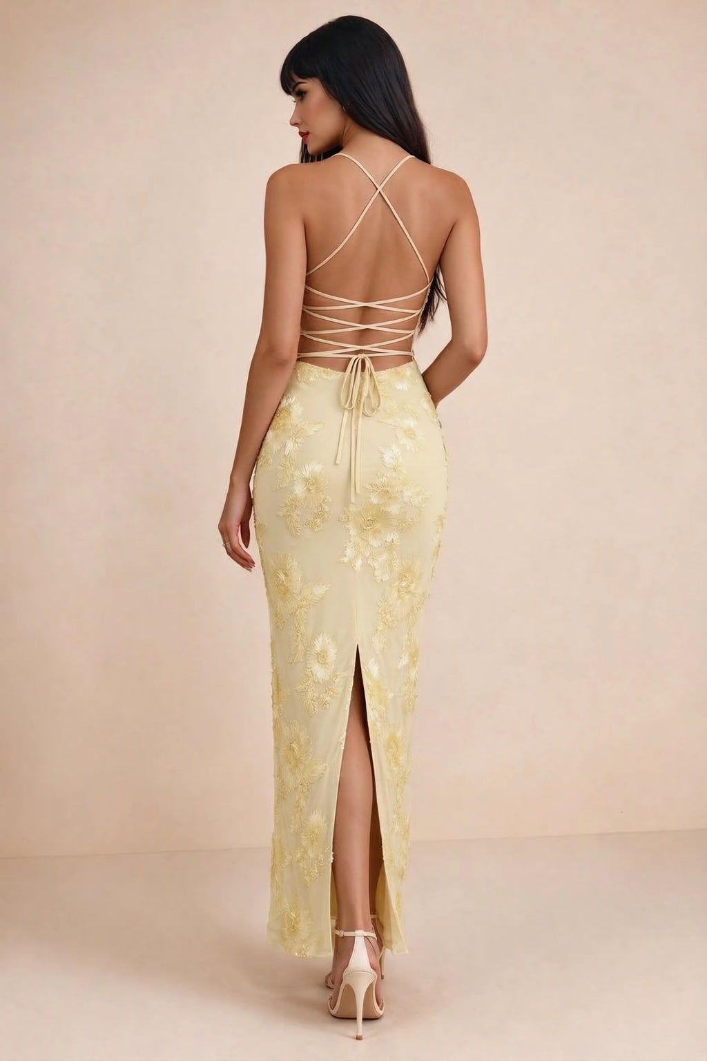 Clementine Lemon 3D Floral Sweetheart Maxi Dress