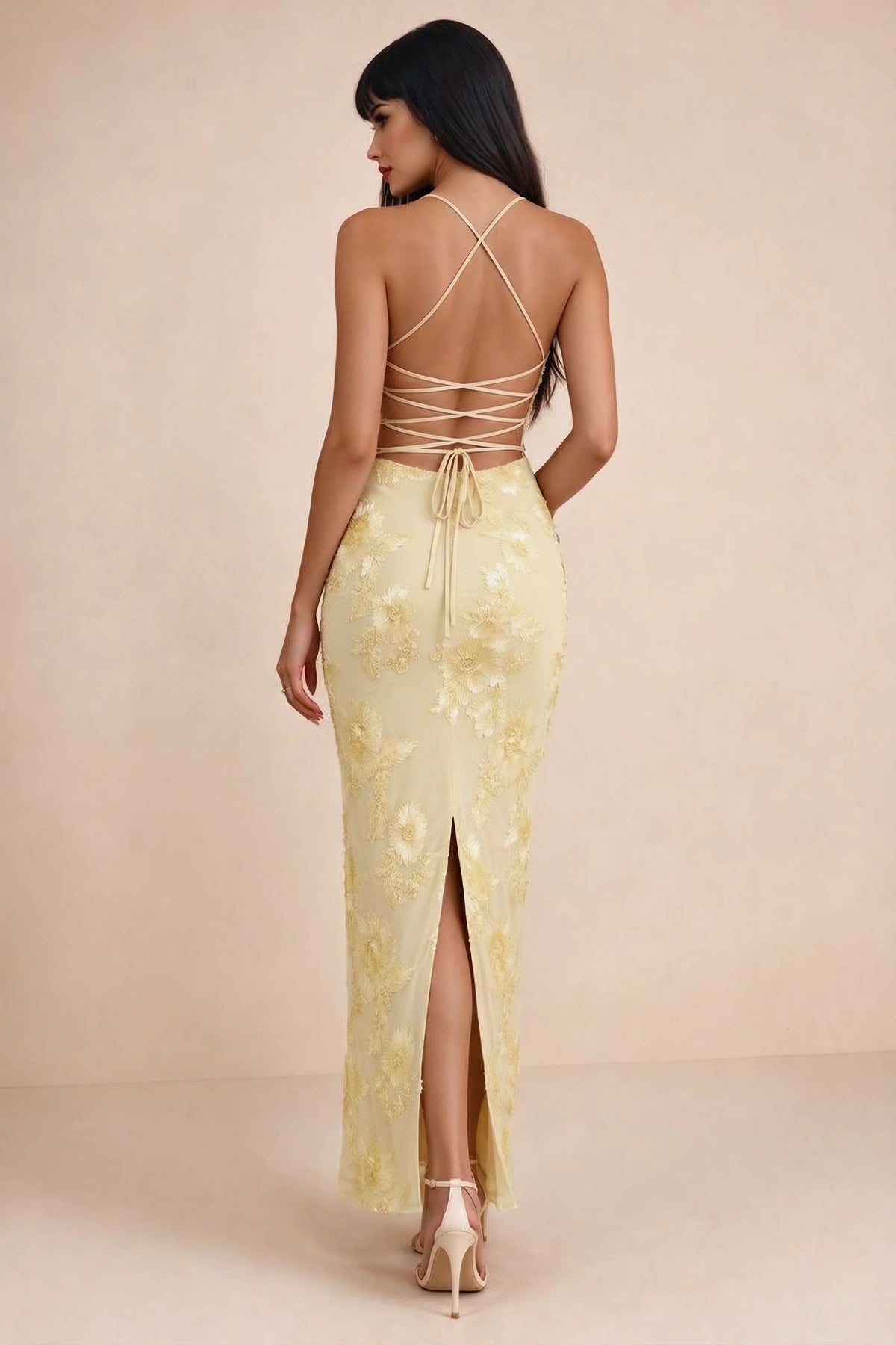 Clementine Lemon 3D Floral Sweetheart Maxi Dress