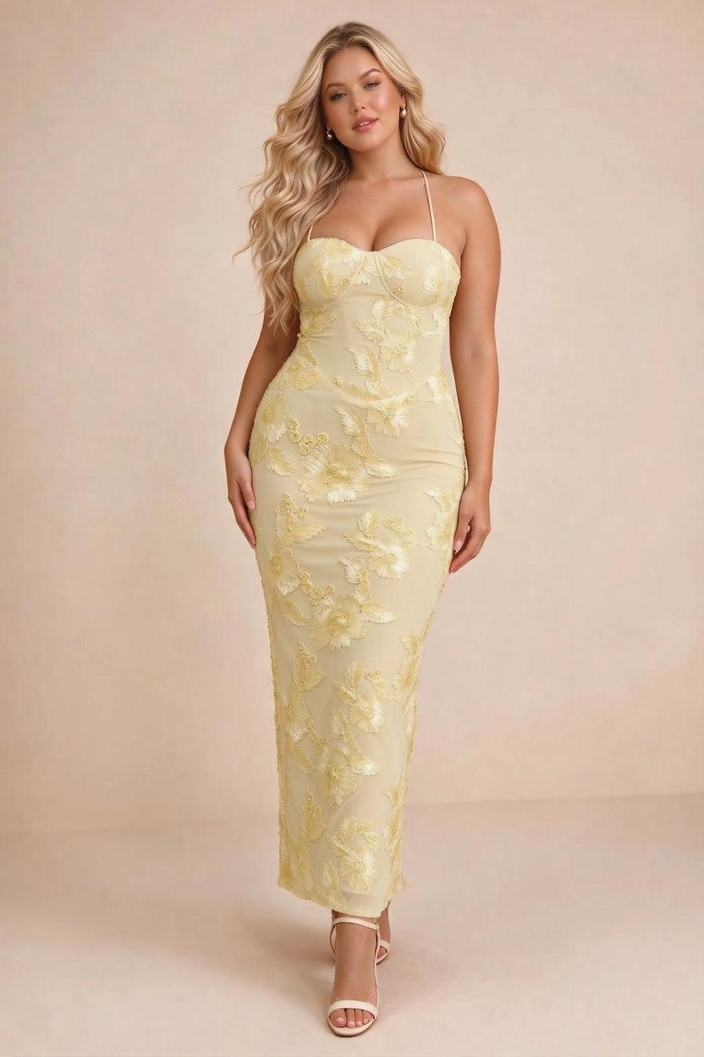Clementine Lemon 3D Floral Sweetheart Maxi Dress