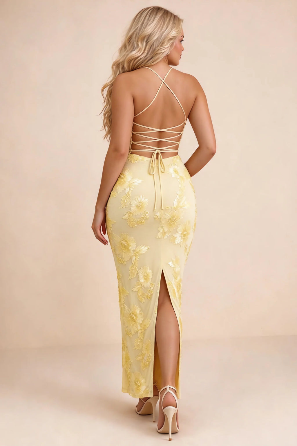 Clementine Lemon 3D Floral Sweetheart Maxi Dress