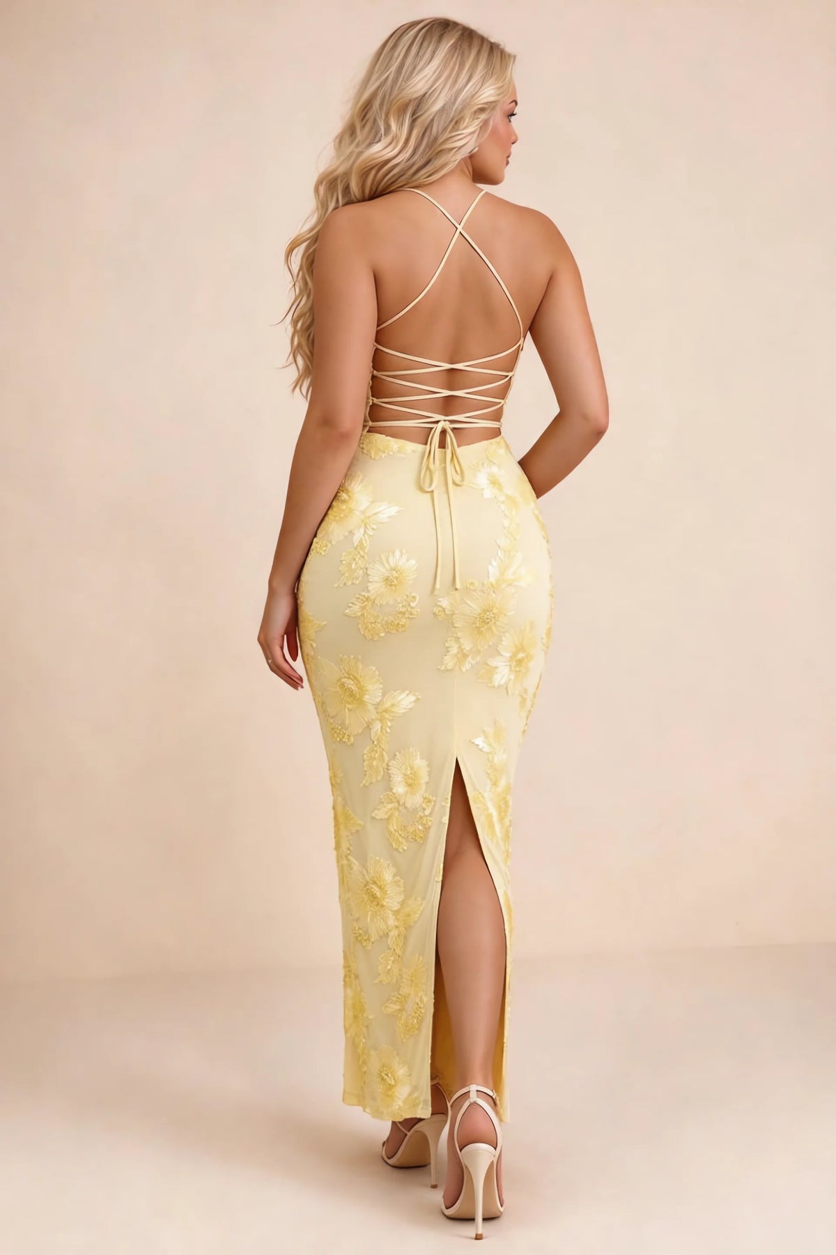 Clementine Lemon 3D Floral Sweetheart Maxi Dress