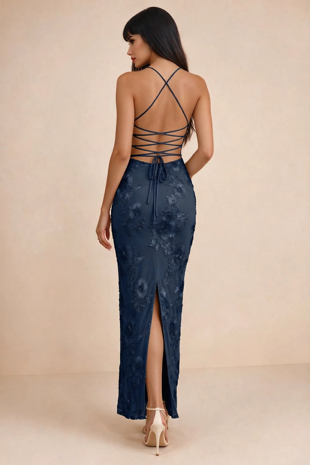 Clementine Navy 3D Floral Sweetheart Maxi Dress