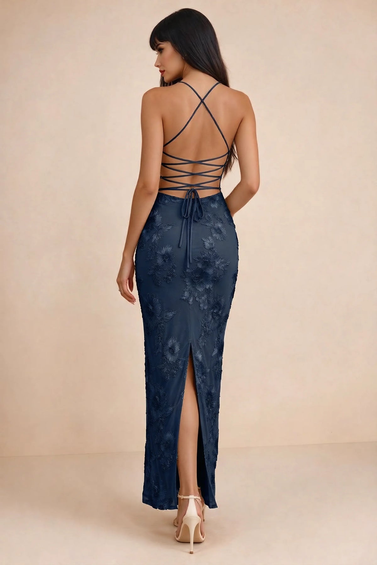Clementine Navy 3D Floral Sweetheart Maxi Dress