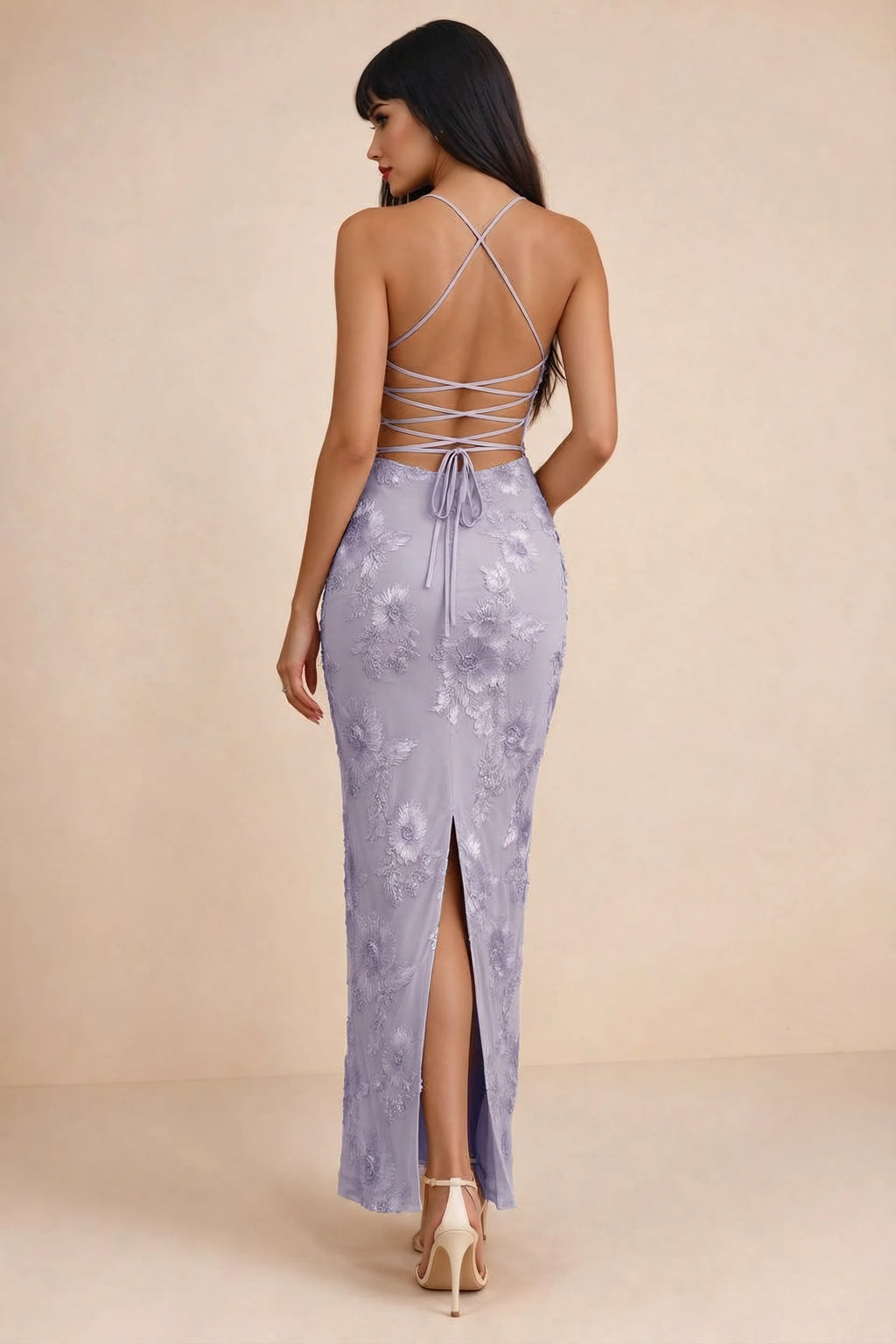 Clementine Pale Purple 3D Floral Sweetheart Maxi Dress