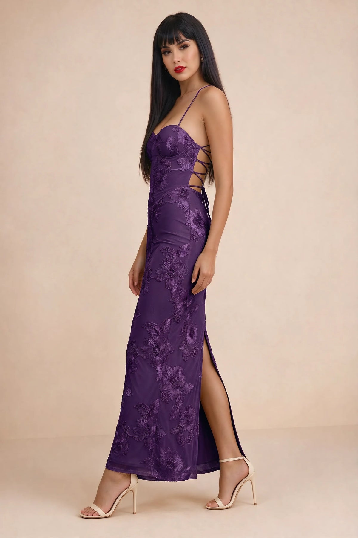 Clementine Plum 3D Floral Sweetheart Maxi Dress