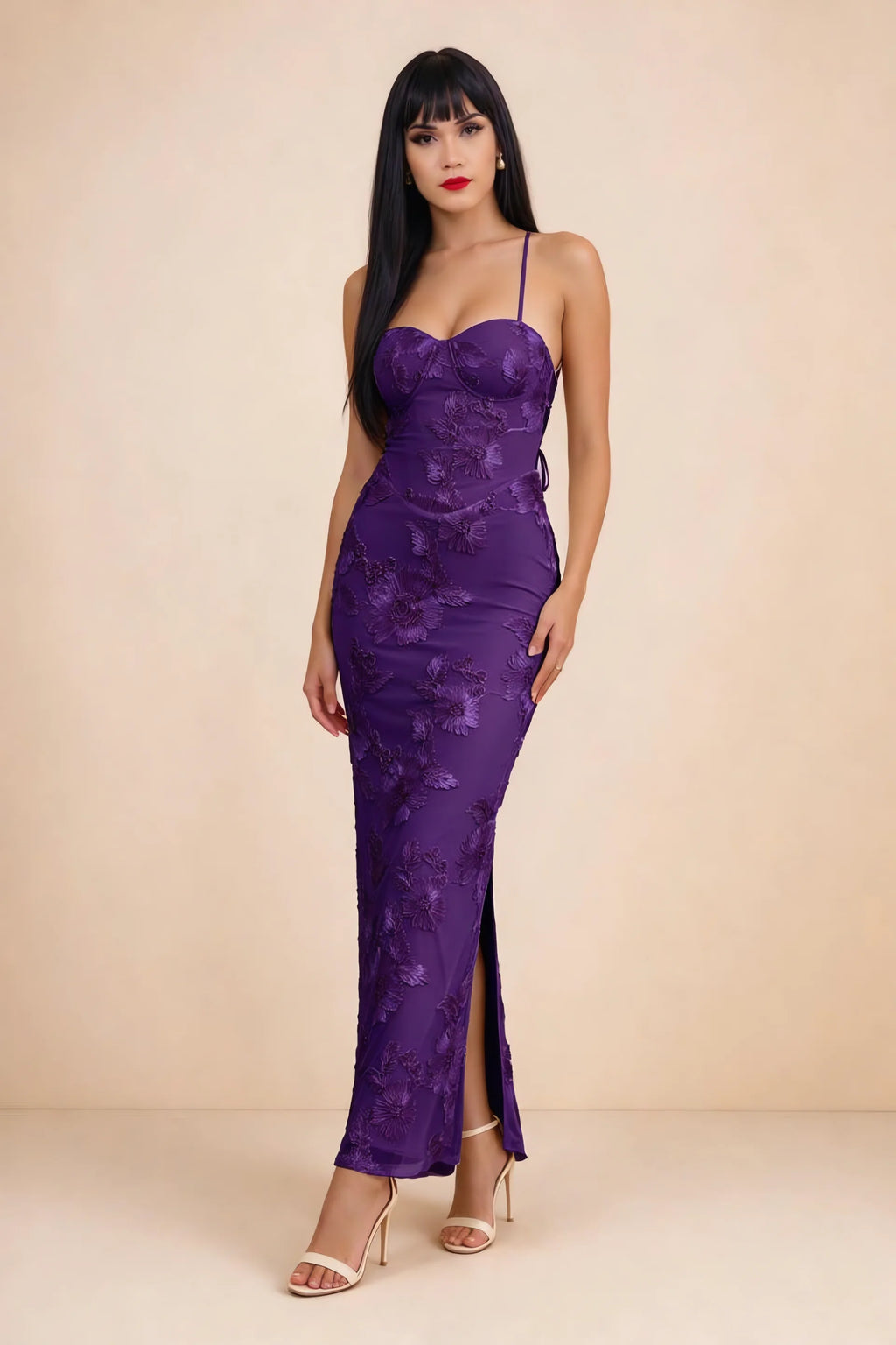 Clementine Plum 3D Floral Sweetheart Maxi Dress