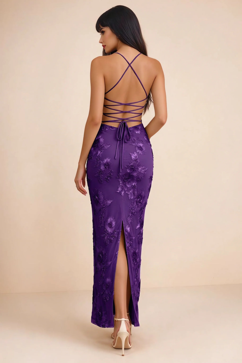 Clementine Plum 3D Floral Sweetheart Maxi Dress