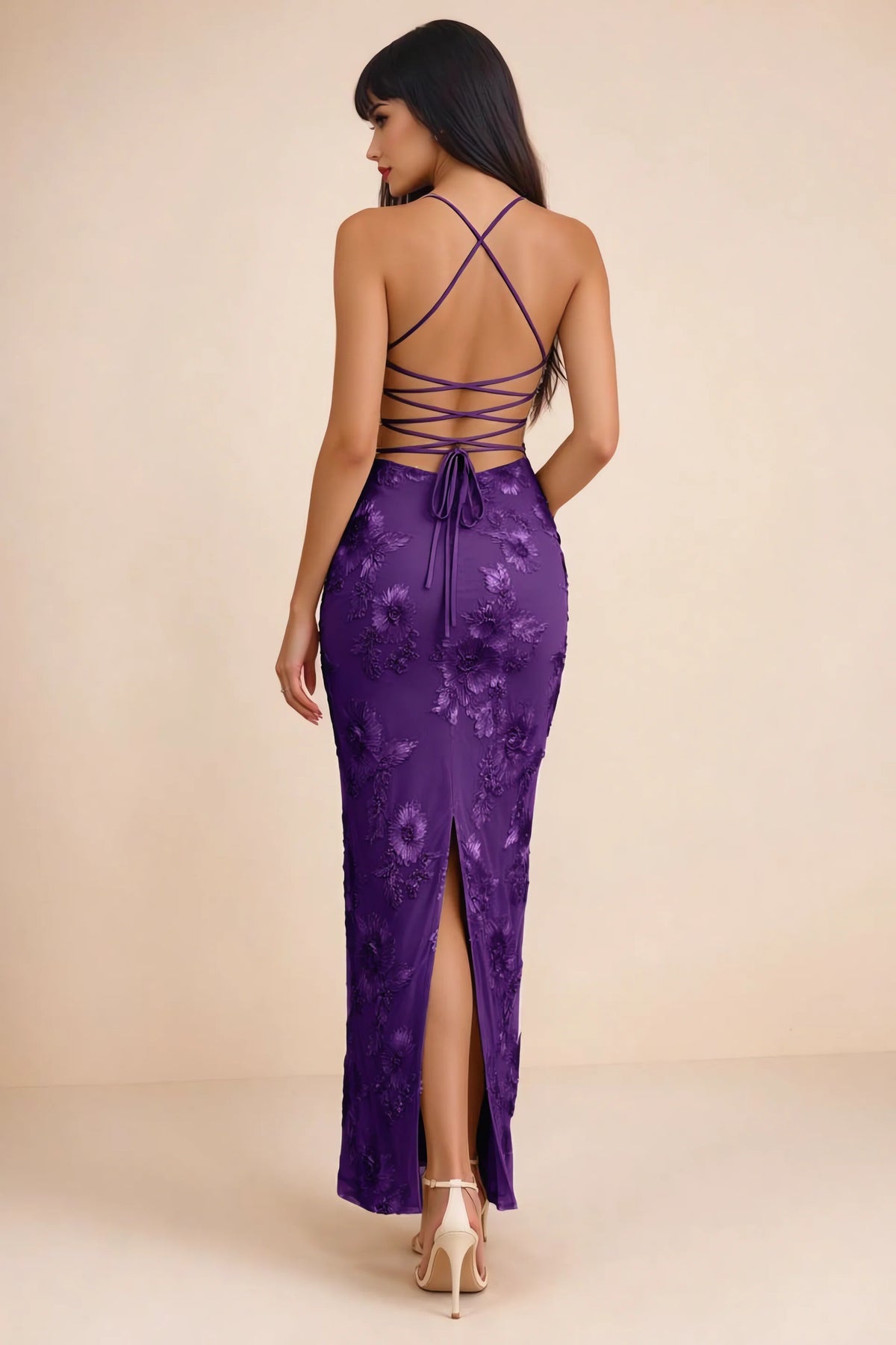 Clementine Plum 3D Floral Sweetheart Maxi Dress