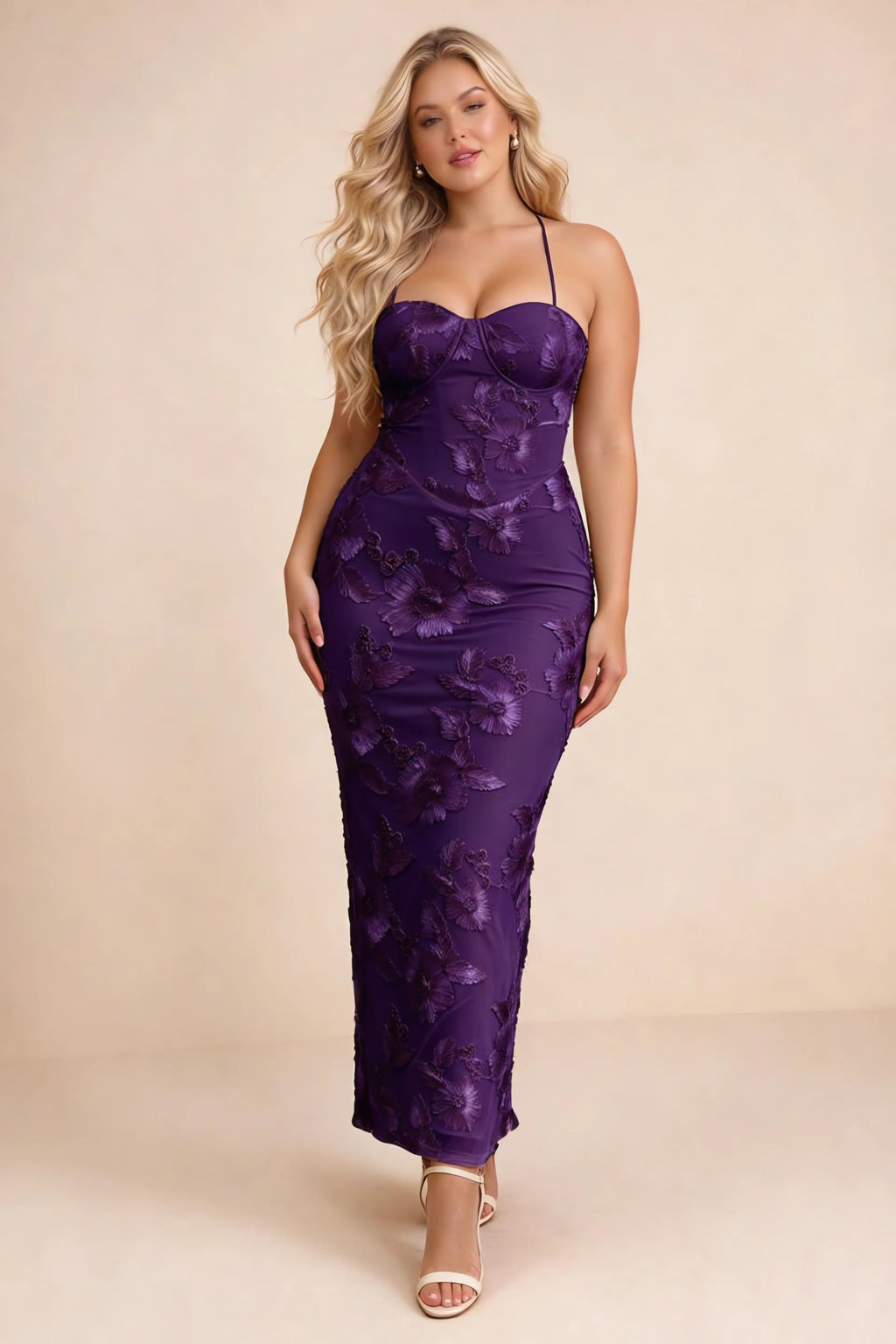 Clementine Plum 3D Floral Sweetheart Maxi Dress