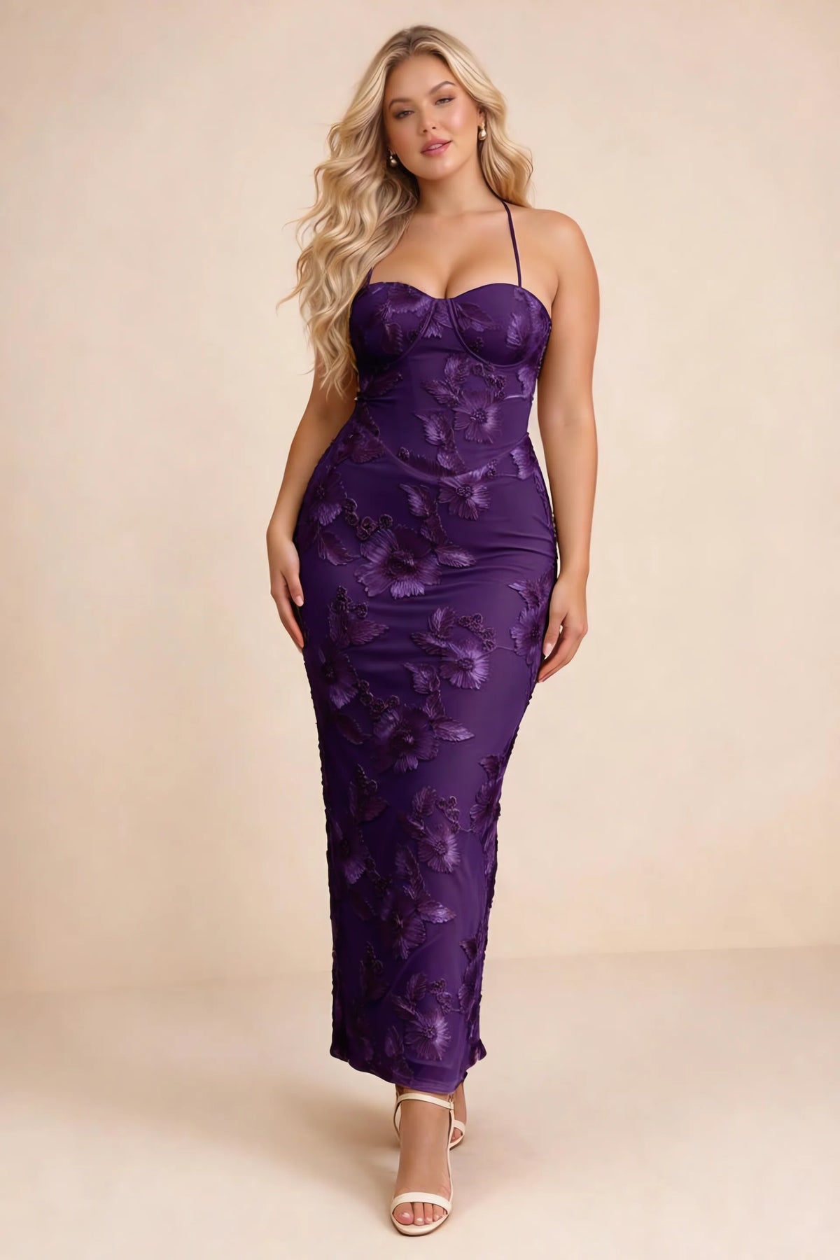 Clementine Plum 3D Floral Sweetheart Maxi Dress
