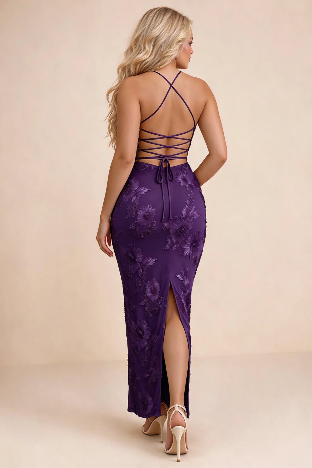 Clementine Plum 3D Floral Sweetheart Maxi Dress