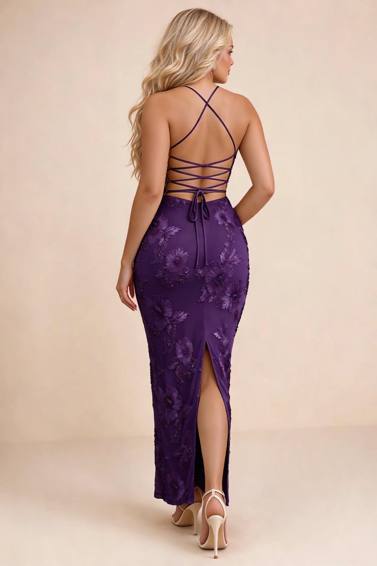 Clementine Plum 3D Floral Sweetheart Maxi Dress